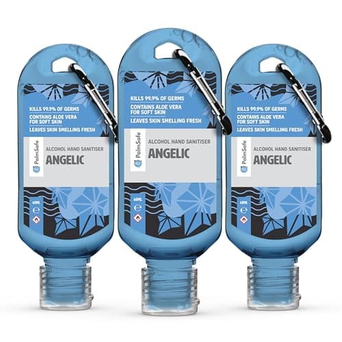 Palm Safe Angelic 3 Pack 60ml Anti Bacterial Premium Hand Sanitiser Travel Size Refillable Clip Bottle Quick Drying Non Sticky Extra Moisturising Kills 99.9% of Viruses and Bacteria