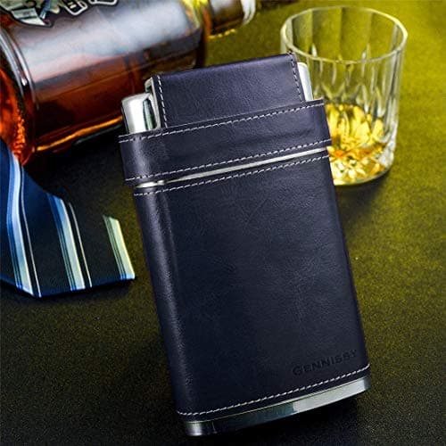 GENNISSY 8oz Hip Flask for Men - 304(18/8) Stainless Steel Bourbon Whiskey Flask, Leakproof with Navy Blue Leather Wrap - Includes Funnel & 3 Mini Cups for Dad, Gifts, Travel — view 5