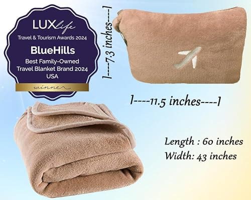 BlueHills 2-Pack Mini Premium Soft Plush Travel Blanket Pillow Airplane Essentials for Two in Bag Flight Traveling Warm Portable Plane Blankets Beige - M26 — view 5