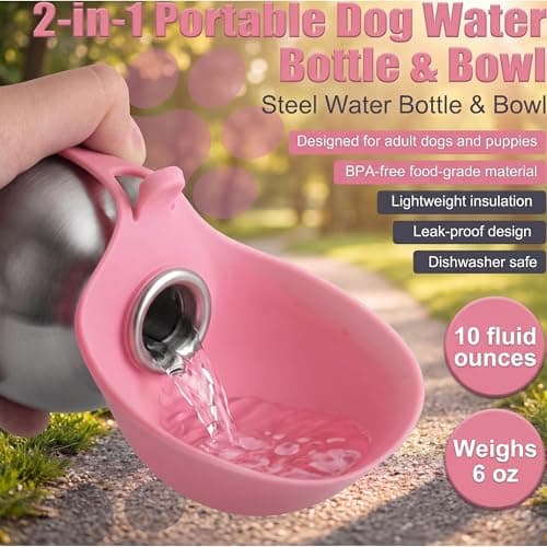 Portable Dog Water Bottle, 2-in-1 Stainless Steel Dog Water Bottle with Foldable Silicone Bowl, Leak Proof Pet Water Dispenser for Walking, Hiking, Travel & Small Dogs, 285ml, Pink — view 2