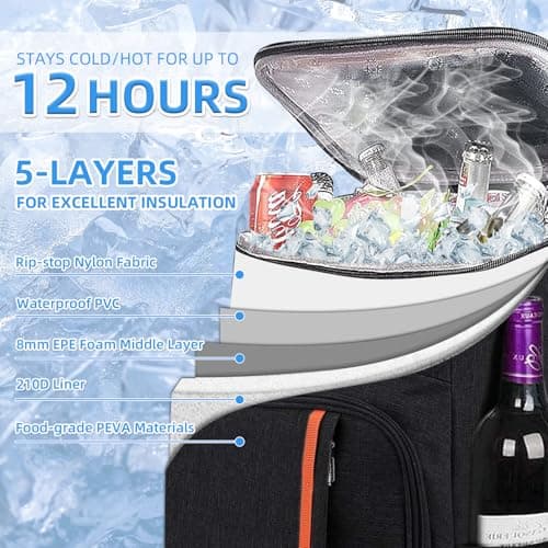 Bagtopia Camping Cooler Backpack 25 Cans, Leak Proof Soft Insulated Compartments Thermal Bag, Portable Lightweight Beach Travel Trip Picnic Lunch Backpack for Men and Women, Stripes-Black — view 3