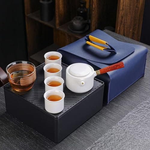 FILFEEL Ceramic Kung Fu Tea Set with Side Handle Teapot and 4 Cups + Fair Cup + Portable ABS & Leather Storage Box for Car Travel Outdoor Camping — view 3
