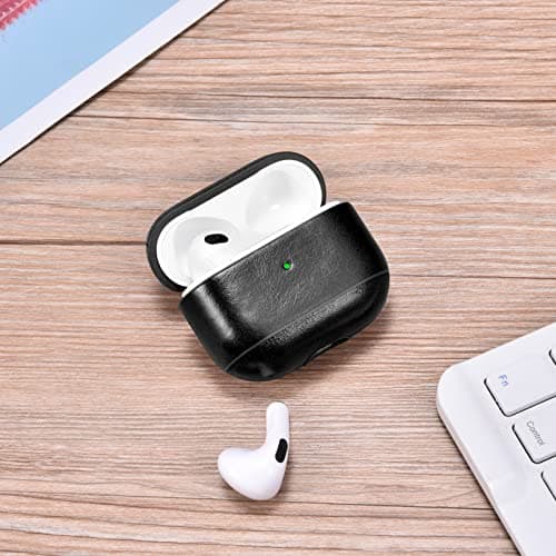 Case for AirPods 3 2021, ICARER Premium Genuine Leather Portable Shockproof Protective Case Cover for Apple AirPods 3 2021 Earphones Charging Case (LED Visible) Support Wireless Charger (Black) — view 6