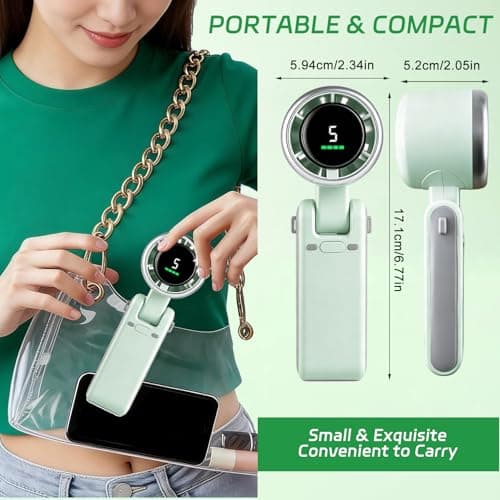 Portable Handheld Fan, Mini Fan Powerful 5 Speeds High 2400mAh 180°Foldable USB Rechargeable Personal Hand Fan Blow Cold Air, Battery Operated Travel Essentials, Holiday Gifts for Women, Men Green — view 2