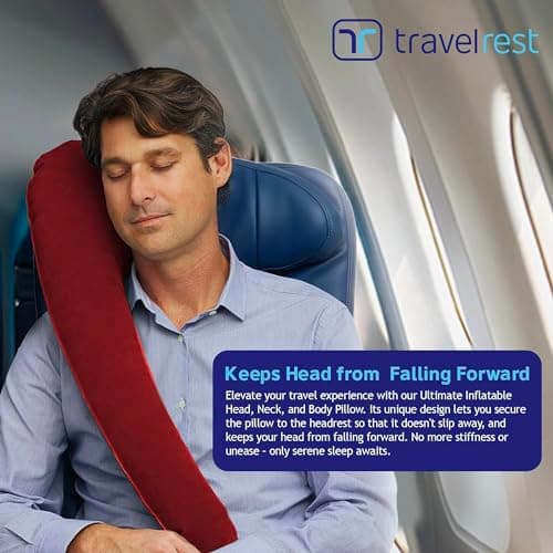Travelrest Ultimate Travel, Neck & Body Pillow - Strap to Plane & Car Seat - Compact, Comfort and Convenient for Office Napping, Airplane, Bus & Train - Upright Sleeping - Rolls Up Small - Red — view 2