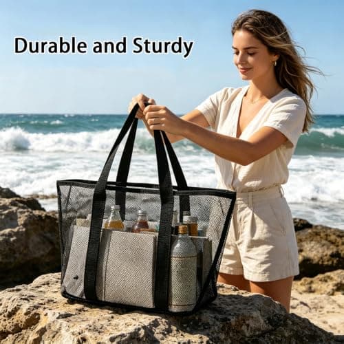 Ehuixinsheng Mesh Beach Bag for Women,Large Black Lightweight Foldable Quick Dry Handheld Hollow Mesh Tote Bags Summer Net Beach Bag for Holiday Travel School Work Shopping Swimming — view 5