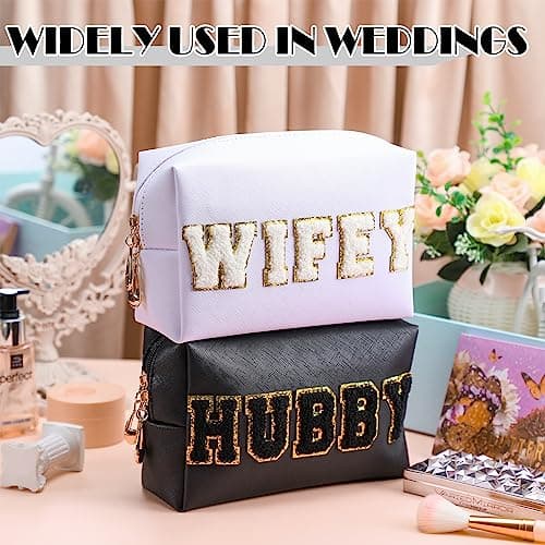Pinkunn 2 Pcs Wifey Hubby Makeup Bag Bride Patch Cosmetic Bag Mrs Travel Toiletry Purse White Letter PU Leather Waterproof Pouch Wedding Bridal Shower Honeymoon Gift for Women Party Organizer — view 3
