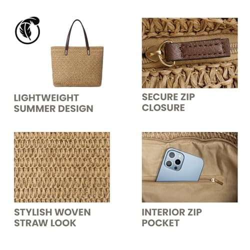 Nicole Brown Straw Tote Bag for Women Brown & Brown – Woven Summer Shoulder Bag with Zip Closure & Interior Zip Pocket, Lightweight Beach Shopper Tote for Holidays, Travel & Everyday Use — view 3