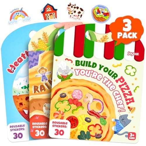JoyCat 3 Pack Reusable Sticker Books: Farm, Pizza-Making, Weather