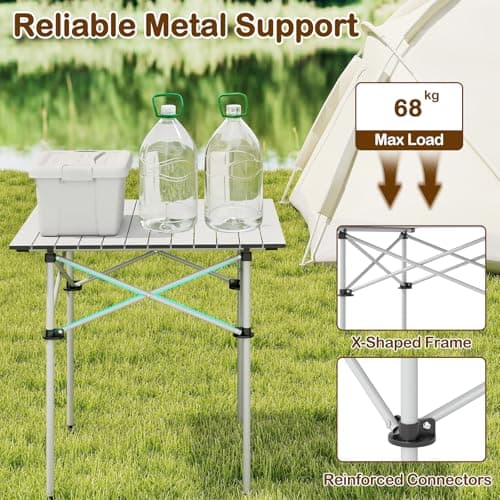 COSTWAY Aluminum Folding Camping Table, Roll Up Portable Picnic Table with Carrying Bag for 4-6 People, Steel Frame Fold up Dining Desk for Hiking Fishing BBQ (Square, Silver) — view 5