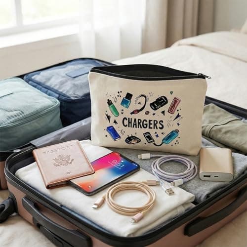 Canvas Charger Organiser Pouch with Zipper Closure - Rectangular Water-Resistant Storage Bag for Electronic Accessories, Portable Cord Holder Case for Travel and Commuting — view 3