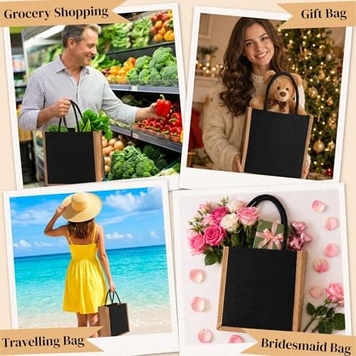 SOUJOY 6 Pack Burlap Tote Bags, Reusable Gift Tote with Handles, Black Jute Beach Bags, Canvas Grocery Shopping Tote for Bridesmaid, DIY, Shopping, Pool, Wedding Bag — view 2