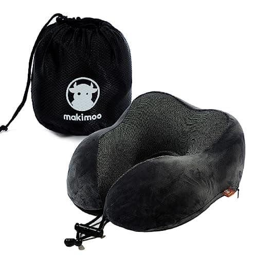 Makimoo Memory Foam Travel Pillow, Neck Pillow with 360-Degree Head Support, Comfortable and Lightweight, Ideal for Sleeping on Airplane, Car, Train, Bus and Home Use, Comes with Storage Bag (Grey)