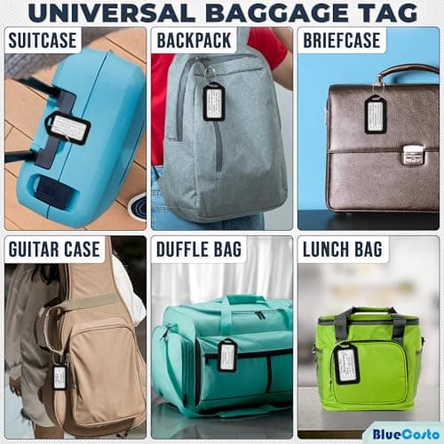 BlueCosto Luggage Tags (Small, Black, 10 PK) - Suitcase Tags w/Name ID Card & Heavy-Duty Metal Wire Loops - Bright Coloured PVC Tags for Travel Baggage - Backpack Name Labels — view 6