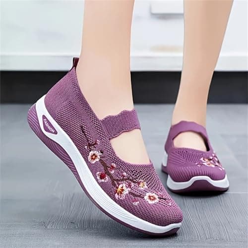 Dance Shoes for Women, Orthopedic Shoes for Women Wide Fit Slip On Walking Loafers Breathable Mesh Non-Slip Shoe Lightweight Arch Support Comfort Flats for Work Travel Casual Sneakers Purple — view 3