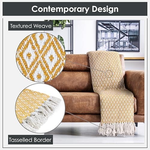 Emma Barclay Casablanca - Scandi Woven Recycled Cotton Chair Sofa Setee Bed Throw Over Blanket in Ochre - 50x60 (127x152cm) — view 3