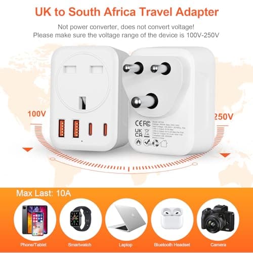 Omivine UK to South Africa Plug Adapter, 5 in 1 Type M SA Travel Power Adapter Converter mit 1 AC 2 USB-C 2 USB-A for South Africa, Lesotho, Mozambique, Namibia, Swaziland, Zimbabwe, etc (Type M) — view 5
