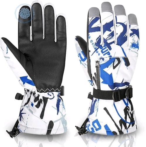 Ski Gloves Waterproof Winter Warm Gloves Cold Weather Touchscreen Snow Gloves for Mens, Womens, Kids Skiing,Snowboarding (Blue/White, S(Fit Kids 8-10 Years))