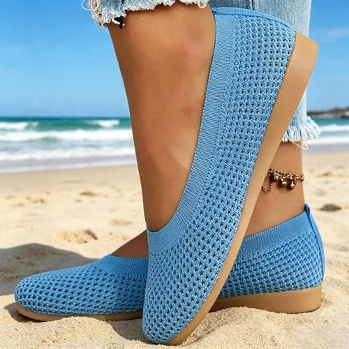 Women's Ballet Flats Wide Fit Slip On Shoes Breathable Knit Mesh Flat Shoes Lightweight Comfortable Pumps for Office Walking Travel Casual Wear Orange size 3 — view 6