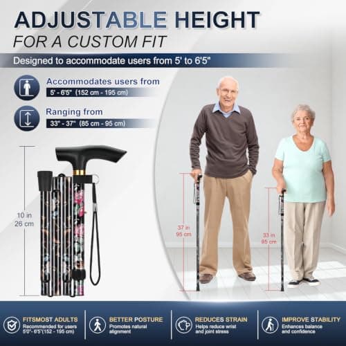 supregear Walking Stick - Adjustable Folding Walking Sticks for Women and Men - Lightweight Portable Collapsible Balancing Aid - Foldable Travel Cane for Ladies Elderly Adults, Black Floral — view 2