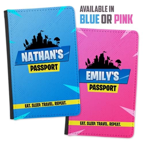 EnvyFone Personalised Passport Cover Holder - Gamer Design - Eat Sleep Travel Repeat - Boys Girls - Childrens Kids - Gift for Gamers - Holiday Travel Accessory Gift - Blue or Pink — view 3