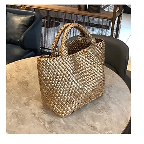 Dyalsa Woven Tote Bag for Women, Vegan Leather Handbag Large Summer Beach Bag and Purse Retro Handmade Travel Shoulder Bag (Gold) — view 3