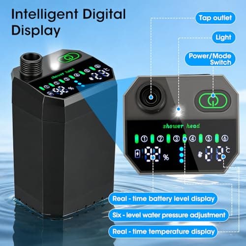 Portable Shower for Camping, 12000mAh Rechargeable Camping Shower Pump with Digital Display IPX8 Waterproof, 6 Adjustable Water Flow Outdoor Shower Kit with Foldable Bucket for Pet Bath Car Wash — view 2