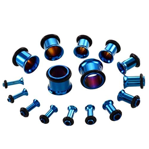 KUBOOZ Stainless Steel Single Flare Ear Plug Kit, Tunnel Measuring Devices, Stretcher Frame Piercings, Mixed Size 14G-00G, 9 Pairs dark blue — view 4