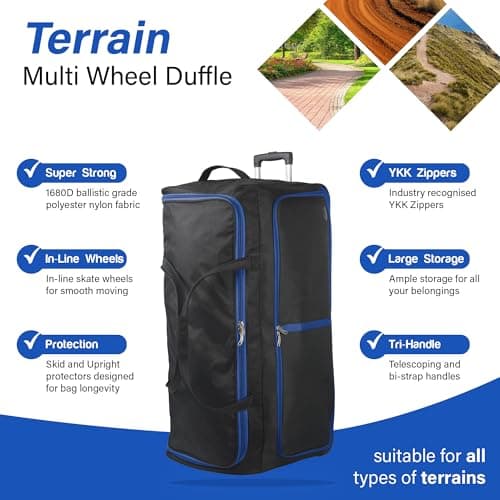 Aerostar 36" XL Extra Large Lightweight Duffle 3 Wheel Travel Bag Holdall Suitcase Check-in Luggage All Terrain (174L, Blue on Black) — view 2