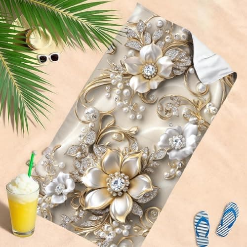 Beach Towels Pearl Diamond Flowers Microfibre Lightweight Beach Towel 140 x 70 cm gold Printed Sand Free Quick Dry Design Camping Towels for Travel Swim Yoga — view 5