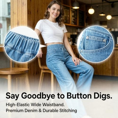 Thermal Leggings Women,Jeans for Women UK Wide Leg Trousers Womens Denim Pants Ladies Pull On Stretchy Elasticated Waist Jeans Baggy Trousers Travel Pants Work Trouser Fashion Clothing for Daily Wear — view 4