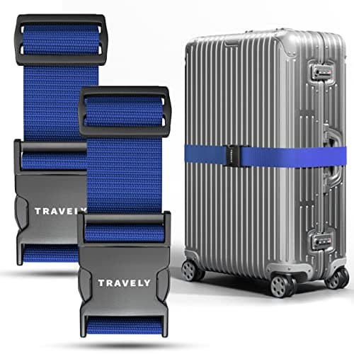 Travely Premium Luggage Strap - Especially Eye-catching and Safe - Includes 2 Name Tags - Luggage Strap Ideal Over Cross - [Set of 2] Navy