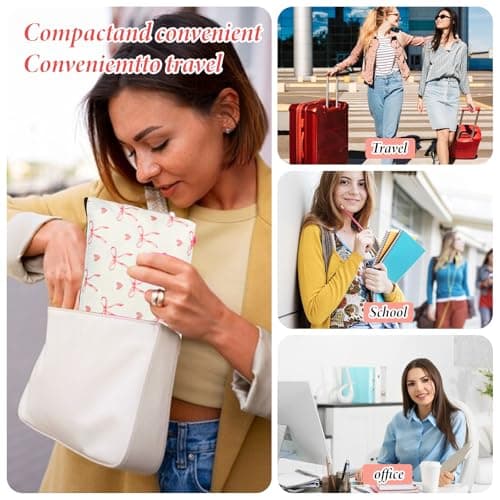 1Pcs Pink Bow Makeup Bag for Women Girls, Cute Coquette Cosmetic Bags, Pink Lovely Heart and Bow Preppy Makeup Pouch with Zipper, Travel Toiletry Bag Gifts for Women Teens Girls, Beige — view 4