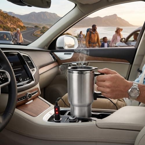 Car Electric Cup, 12V 450ml Stainless Steel Heated Travel Mug Self Heating Mug Travel Heating Cup Heated Coffee Tea Mug with Cigarette Lighter — view 2