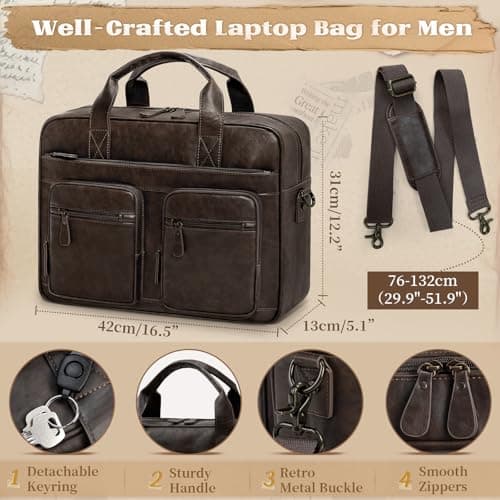 RAINSMORE Messenger Bags for Men Vintage Briefcase PU Leather Laptop Bag 15.6 Inch Satchel Bag for Work Business Office College Trip School Black/Brown/Dark Brown Coffee — view 5