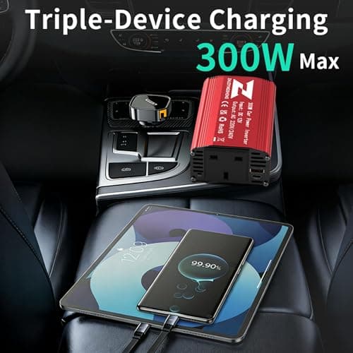 300W Car Power Inverter 12V DC to 240V AC Voltage Converter, with 2 USB ports and 1 UK plug, Charge Your Laptop, iPad, iPhone, Tablet, Consoles & More - Durable and Powerful — view 5