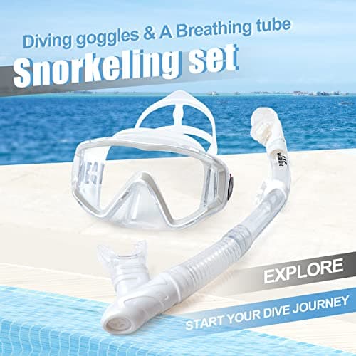 Dry Snorkel Set, Pano 3 Window Snorkel Mask, Anti-Fog Scuba Diving Goggles and Snorkel, Professional Adult Snorkeling Swim Mask Gear (Pearl White Set) — view 4