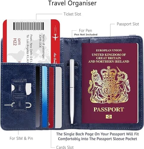 UK Passport Cover, RFID Blocking PU Leather Passport Holder Blue Band — view 4