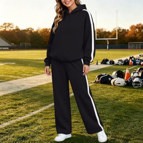 Womens Black 2 Piece Outfit Pullover Hoodie and Wide Leg Trousers — view 5