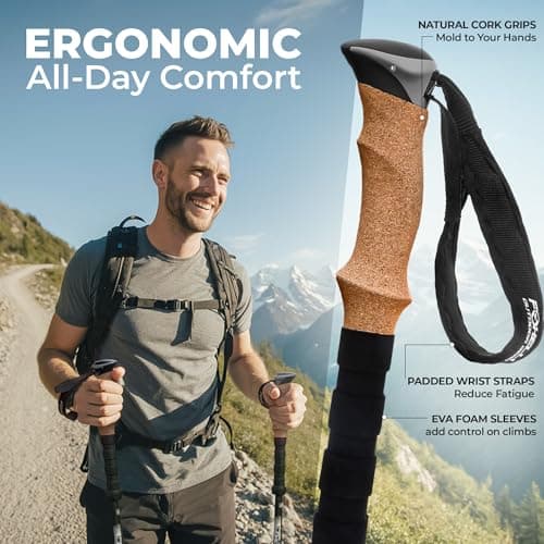 Foxelli Carbon Fiber Walking Poles – Lightweight Collapsible Hiking Poles with Cork Grips, Quick Flip Locks & All-Terrain Accessories – Adjustable Height Hiking Sticks for Men & Women — view 4