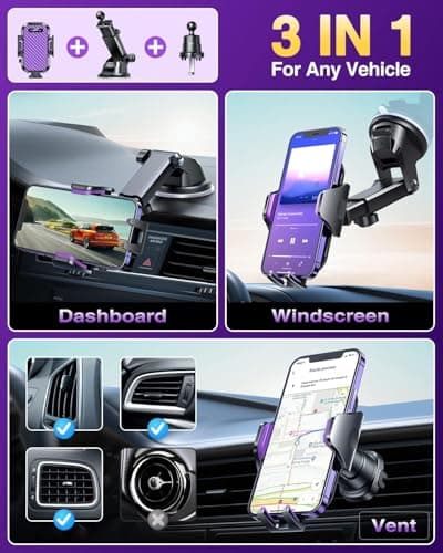 VANMASS 2026 BEST Car Phone Holder [Upgraded Suction&Clip] Military-Grade Rotatable Universal Mobile Mount for Dashboard Windscreen Vent, Van Stand Cradle for iPhone 17 16 15 Samsung,Purple — view 2