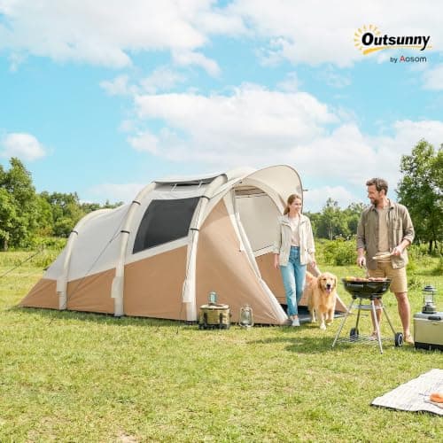 Outsunny Inflatable Camping Tent w/Air Pump, Tunnel Design Khaki — view 2