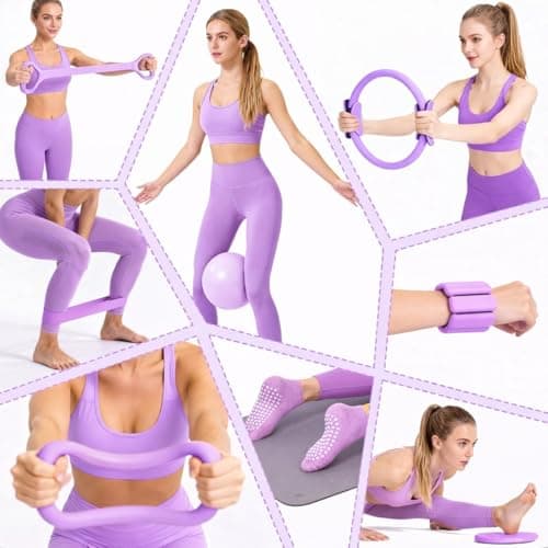 OMELYA Pilates Premium Full Set 23 pcs Pilates Equipment with Wrist Weights Pilates Essential Kit Yoga Kit Pilates Ring Mini Yoga Ball Resistance Bands Core Sliders Gift for Women (Purple) — view 2