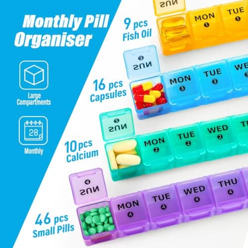 Yaklim Monthly Pill Box Organiser: Extra Large Monthly Pill Organiser 4 Week Daily Pill Container with Dust-Proof Tablet Case - 28 Day Travel Medicine Dosette Box XL Copartments Vitamin Holder — view 2