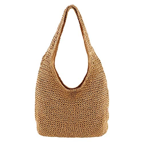 CHIC DIARY Womens Hand-woven Straw Shoulder Bag Large Summer Beach Leather Handles Handbag Tote with Zipper (02-Khaki)