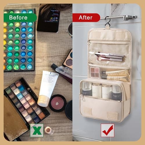 Travel Cosmetic Bag, Hanging Cosmetic Bag for Women, Personal Toiletries Organizer, Travel Bathroom Accessories Organizer with Hooks, Beige — view 4
