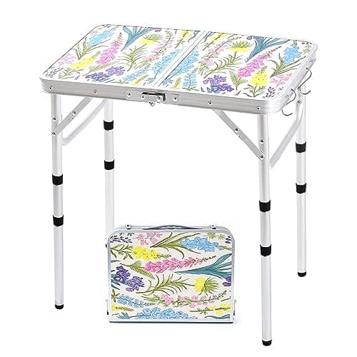 Yriuat Folding Camping Table 2ft Portable Pinic Table Adjustable Height Small Card Table Aluminum Foldable Lightweight with Carry Handle for Outdoor Indoor Hiking Camp BBQ Beach (Blooming Floral)