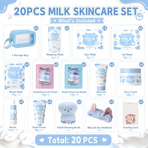 20PCS Milk Skin Care Set, Skincare Gift Set With Cleanser, Serum, Face Cream, Sheet Mask, Lip Mask, Washbag And Headband, Gifts For Her, Birthday Gifts For Women, Travel Toiletries — view 2