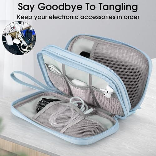 Arae PU Leather Cable Organizer Double Layer Travel Pouch, M Blue — view 6