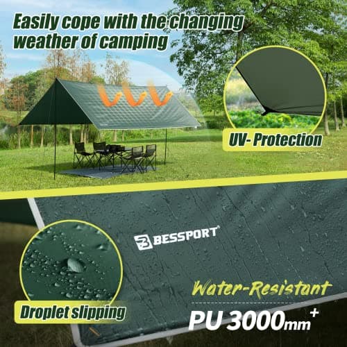 Bessport Camping Tent Tarp 3m x 3m/3m x 4m Waterproof PU3000 mm with Eyelets & 6 Aluminium Stakes & 8 Nylon Ropes, Anti-UV Suitable for Camping, Picnic, Hammock — view 2